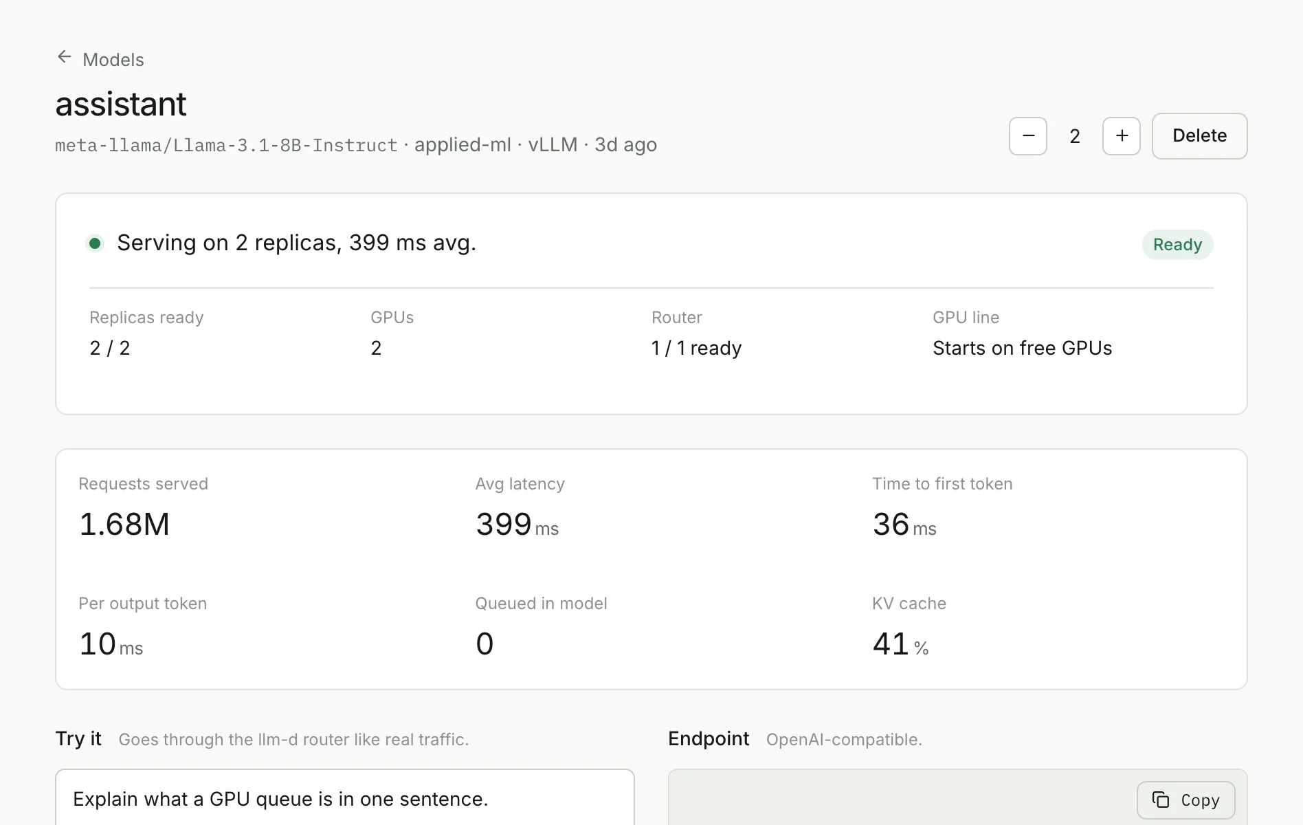 A model served on two replicas with request count, latency, time to first token, KV cache use, a prompt box and live vLLM logs.