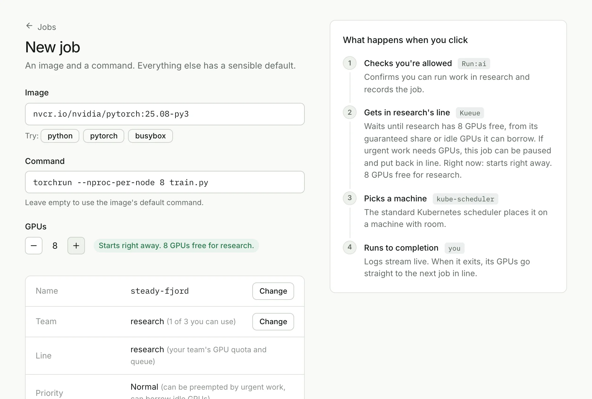 The new job form with a forecast that the job starts right away and a panel explaining each step from access check to Kueue, the Kubernetes scheduler and completion.