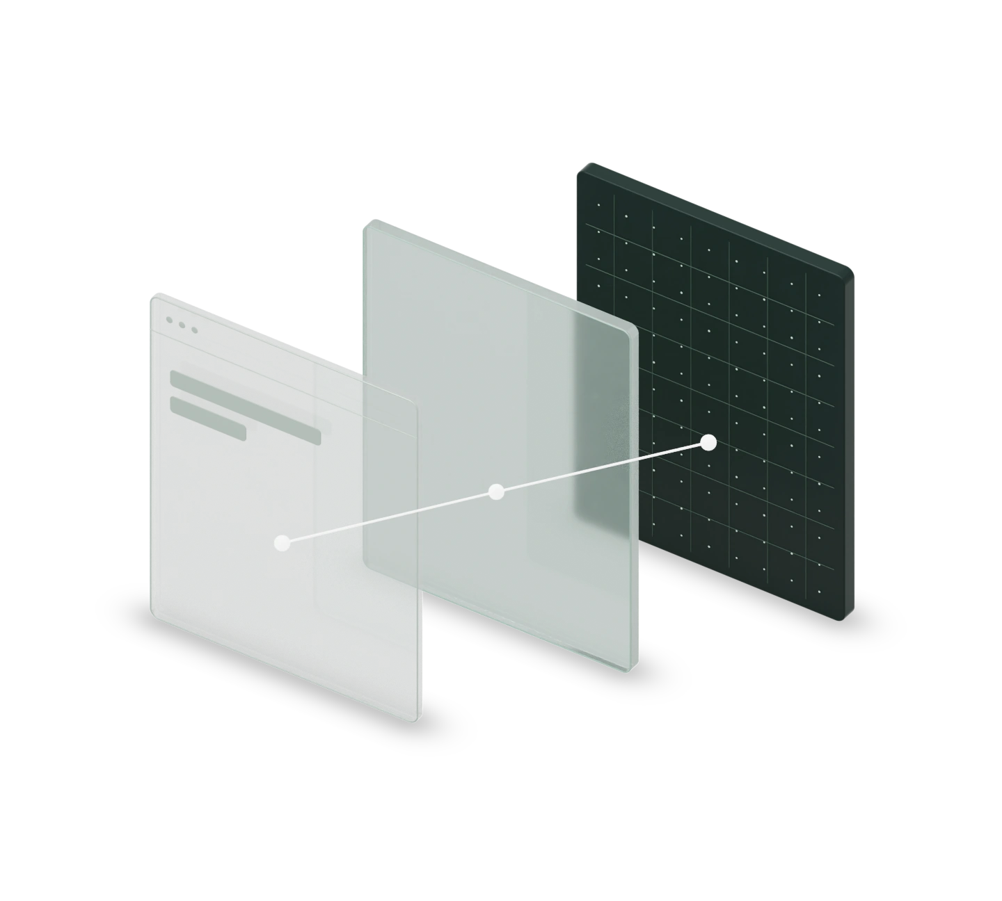 A light console window, a translucent glass cluster, and a dark GPU panel connected by one path.